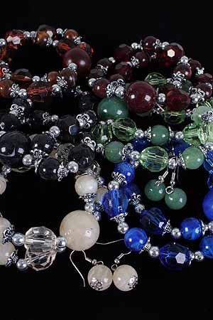 Bracelet & Earring Set Lucite W Beads/DZ 6 Color Asst,Stretch