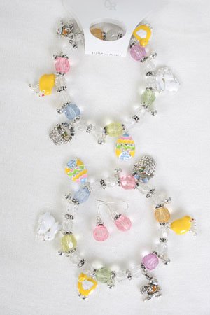 Bracelet & Earring Set Lucite W Easter Charms/DZ ** New Arrival** Stretch