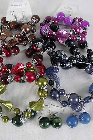 Bracelet & Earring Set Pearl &Lucite W Beads,Stretc ** New Arrival**Stretch, 6 Color Asst