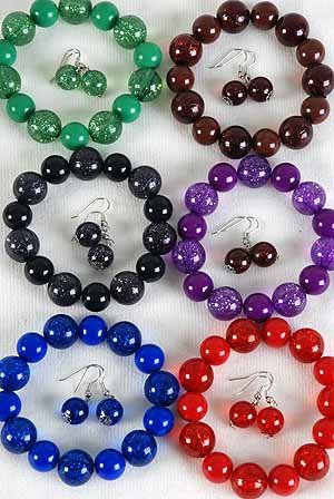 Bracelet & Earring Set Poly Glitter Ball Stretch/dz **NEW** 6 Color asst,Stretch