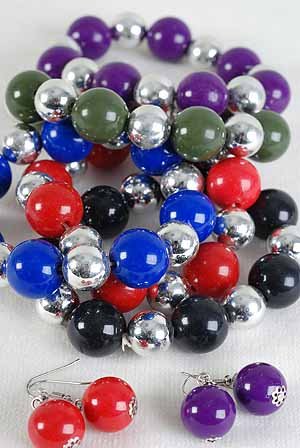 Bracelet & Earring Sets 18mm Ball & Silver Ball Mix/dz 6 Color Asst,Stretch