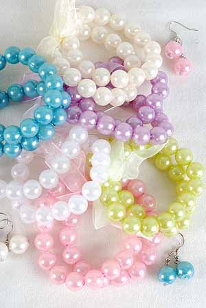 Bracelet & Earring Sets 2 string 12mm Pearls/DZ 6Color Asst,Stretch With Ribbons