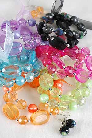 Bracelet & Earring Sets 2 string Acrylic Block W AB Finish/DZ Transparent 7 Color Asst With Ribbon