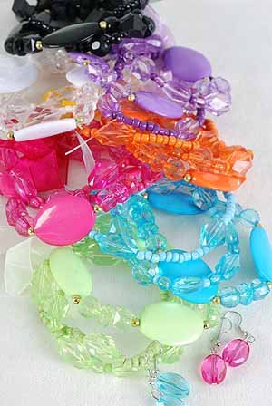 Bracelet & Earring Sets 2 string Large Acrylic Block,Stretch/DZ 7 Color Asst With Ribbons,Stretch