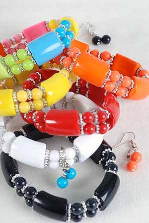 Bracelet & Earring Sets Acrylic Block W Silver Beads/DZ 6 Color Asst,Antique Finish