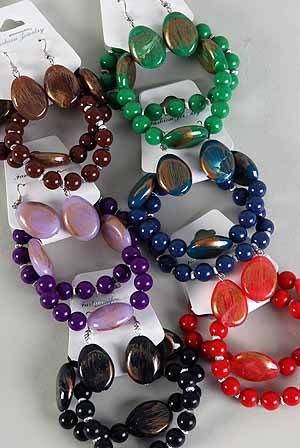 Bracelet & Earring Sets Brush Gold Finish W Beads/DZ/dz **NEW** 6 Color Asst,Stretch