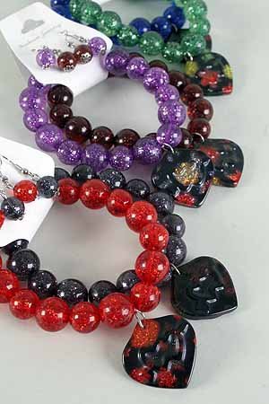 Bracelet & Earring Sets Glitter Ball W Poly Hearts/DZ/dz **NEW** Fall Selection,6 Color asst
