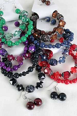 Bracelet & Earring Sets Large Block WLucite Crystals/DZ 6 Color Asst,Stretch