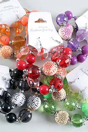 Bracelet & Earring Sets Large Lucite W Print Balls/ 6 Color Asst,Strtch