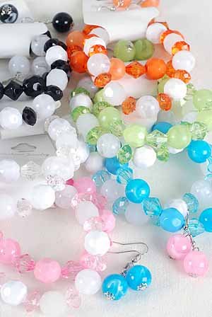 Bracelet & Earring Sets Lucite Candy W Crystals/DZ ** New Arrival** Stretch,6Color Asst