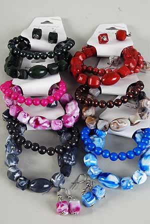 Bracelet & Earring Sets Marble Bklock W Beads/dz **NEW** 6 Color Asst,Stretch