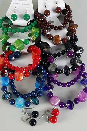 Bracelet & Earring Sets Metallic Pearl Black W Beads/DZ **NEW** Stretch 6 Color Asst