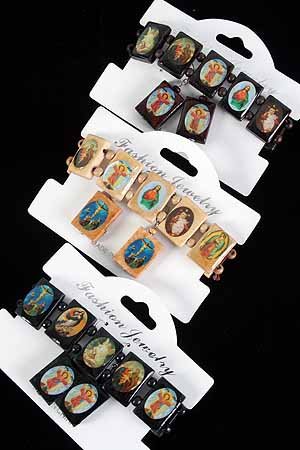 Bracelet & Earring Sets Religious Oblong/DZ **NEW** Natural Wood Color Asst,Stretch