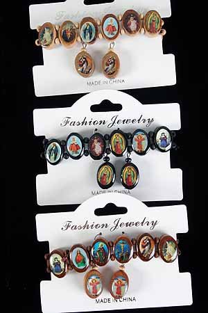 Bracelet & Earring Sets Religious Ovel/DZ **NEW** Natural Wood Color Asst,Stretch