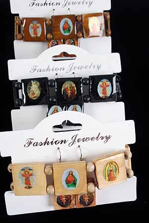 Bracelet & Earring Sets Religious Square/DZ **NEW** Natural Wood Color Asst,Stretch