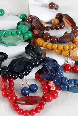 Bracelet & Earring Sets Solid Color Bead & Acrylic Silky Block Mix/DZ 6 Color asst,Stretch