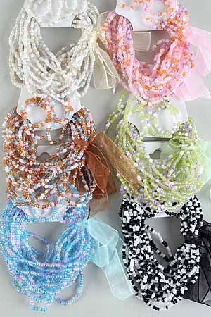 Bracelet & Earrings Bunch Indian Bead W Ribbons/DZ Stretch,6 Color Asst