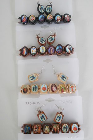 Bracelet & Earrings Religious,Stretch/DZ ** New Arrival** Nastural wood Colors,choose shape