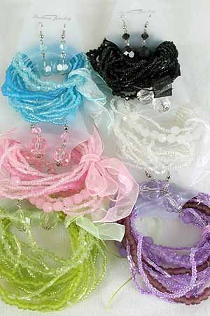 Bracelet & Earrings Sets Crystal & Beads, Stretch/D New Arrival** Color Asst