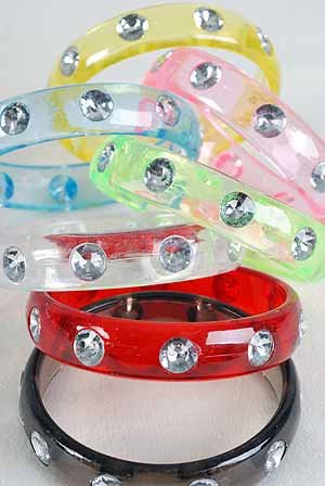 Bracelet Bangle Transparent W Clear Stones 3" Wide/DZ 7 Color Asst