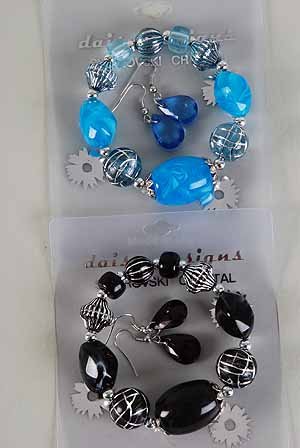 Bracelets& Earring Set Marble W Beads/DZ ***New Arrival***6 Color Asst,Stretch