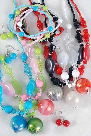 3pcs Necklace Sets Lucite Marble W Beads/DZ 6 Color Asst