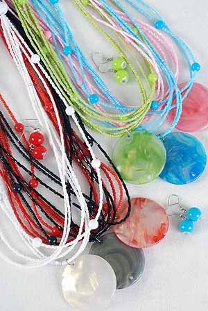 Necklace Sets Lucite circle Disk With Beads/DZ 6 Color Asst