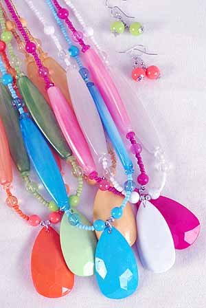 Necklace Sets Large Teardrop Pendant With Silky Marbles DZ 7 Color Asst