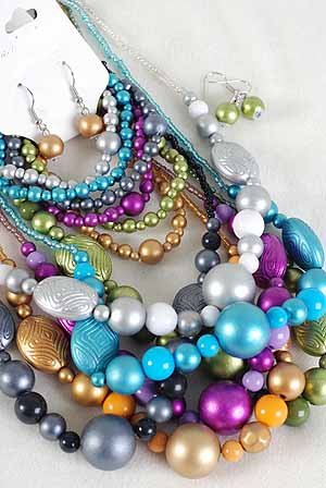3pcs Necklace Sets Lucite Mett Metallic W Beads/DZ 7 Color Asst