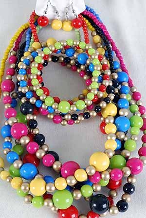 3pcs Necklace Sets Lucite W Gold Beads/DZ 6 Color Asst