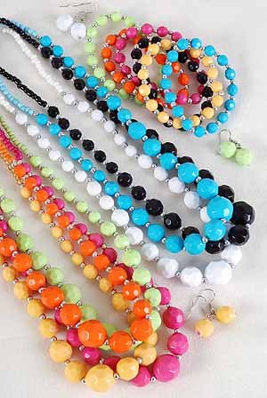 3pcs Necklace Sets Solid Dialmond Cut Beads W Silver Beads 7 Color Asst