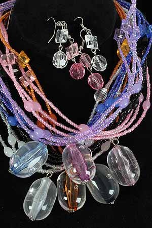 Necklace Set Beads With Large Ovel Acrylic Drops/Dz **NEW** 6 Color Asst