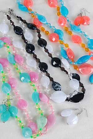 Necklace Set Lucite Ovel Marble Block w Beads Orange Black Blue White Pink Tealgreen 6 Color Mix