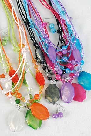 Necklace Sets Large Octagon Pendant With Silky Marbles DZ 7Color Asst