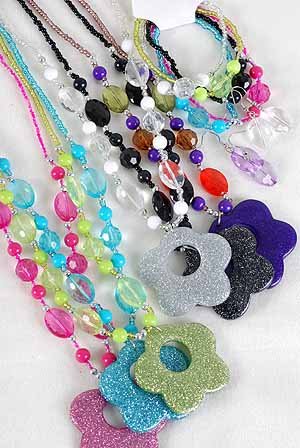 Necklace Sets Large Poly Flower Pendant With Trans parent Beads/DZ 6 Color Asst