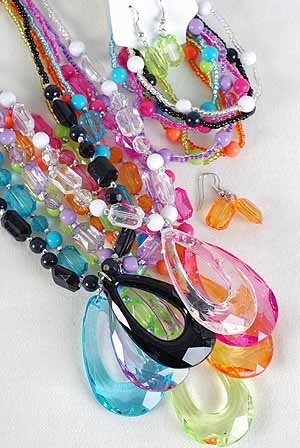 Necklace Sets Large Teardrop Pendant With Transparent Colors/DZ 7 Color Asst