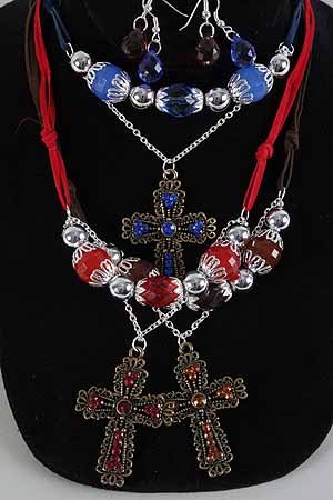 Necklace Sets Cc Beads W Large Cross/DZ **New Arrival** Antique Finish 6 Color Asst