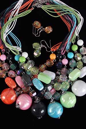 Necklace Sets Large Ball Lucite W Crystals/DZ 6Color Asst