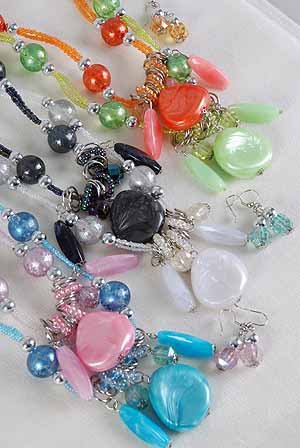 Necklace Sets Silky Marble Drop W silver Beads/DZ Pink Blue Lime Orange Black White 6 Color Asst