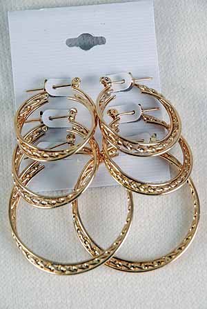 Earring 3pr hoops Twist/DZ choose Gold or Silver finish