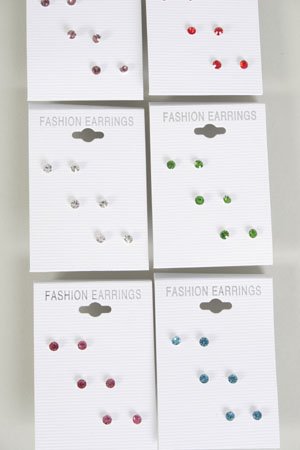 Earrings 3 Per Color Rhinestone Stud Mix /DZ 12 Color Asst