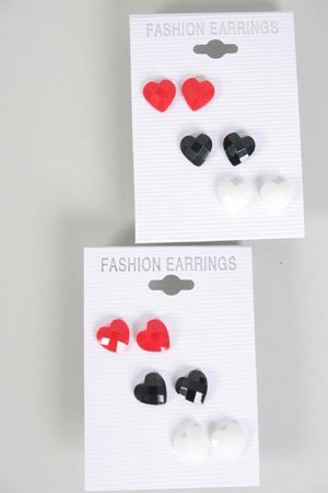 Earrings 3 Per Poly Hearts Red White Black Mic/DZ **New Arrival** Color Asst