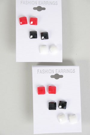 Earrings 3 Per Square Poly Red White Black Mix/DZ ** New Arrival** Color Asst