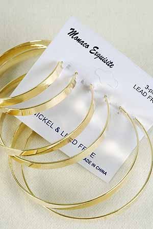 Earrings 3pc Gold Hoops Size Asst/DZ/dz Gold