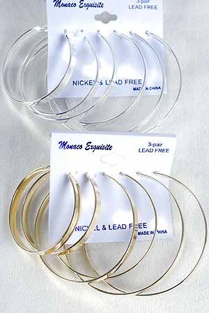 Earrings 3pc Hoops Size Asst/DZ/dz Choose Gold Or Silver Finish,2" 2.5" 3" Mix - IMP