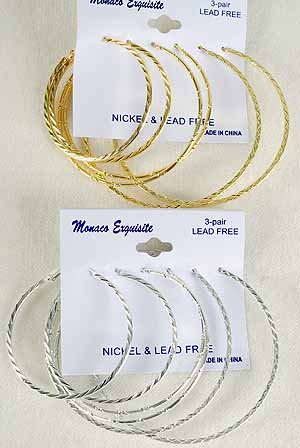Earrings 3per Hoop 3 Size Mix 5 6 7cm mix/DZ Choose Gold Or Silver Finish