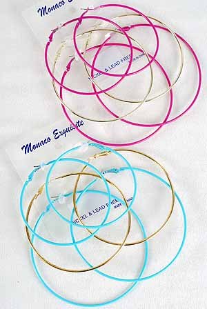 Earrings 3per Large Color Hoops 7 8 9cm Mix Size/DZ Color Hoop W Gold Loop Mix