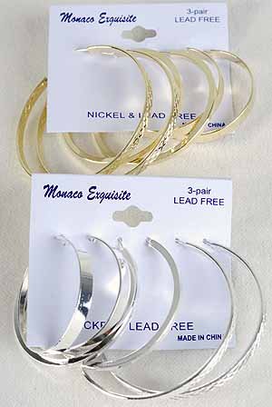 Earrings 3per Loops Mix Style & Sizes/DZ Choose Gold Or Silver Finish