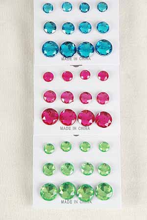 Earrings 6per Acrylic Stones Color Mix/DZ Color Asst -