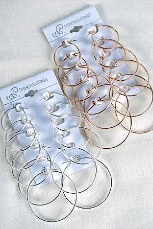 Earrings 6pr hoops mix size/DZ choose Gold finish